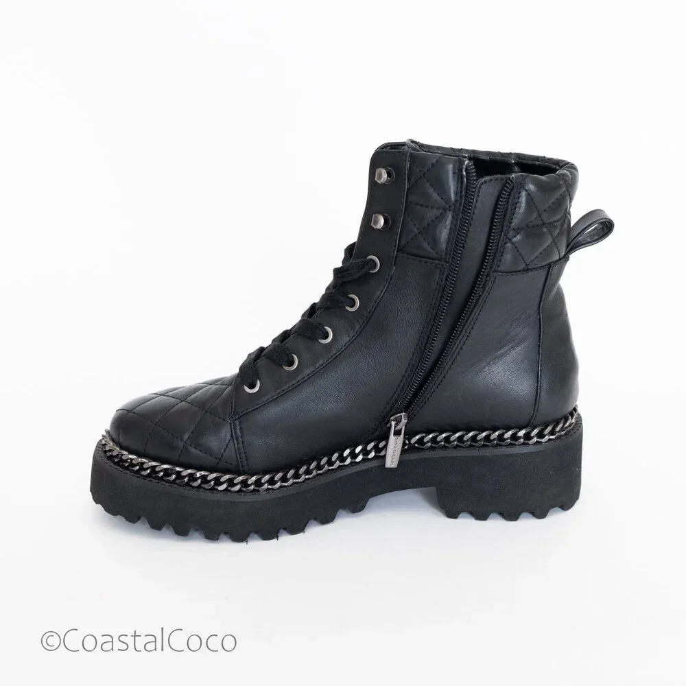 Vince Camuto Merindil Leather Combat Boots 8.5 Black Quilted Metal Chain Chunky - Picture 3 of 13
